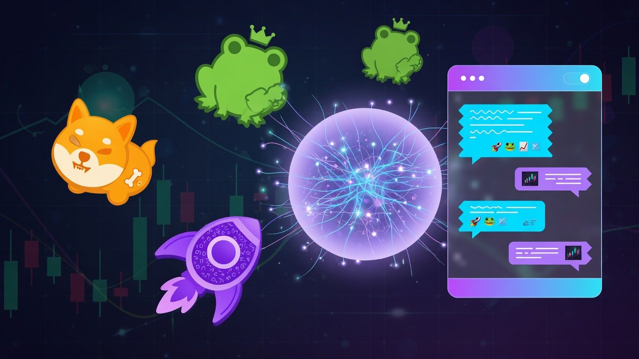 Abstract AI neural orb with meme coin shapes and a chat trading interface