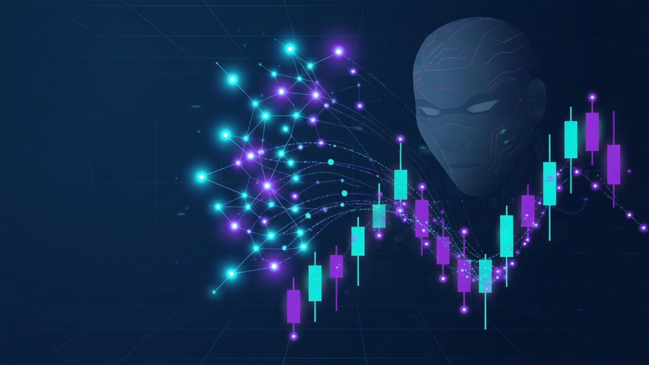 Neural network shapes blending into a crypto chart for an AI trading bot concept