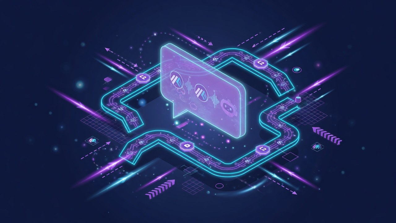 Arbitrum-style geometric L2 pattern with chat bot motif