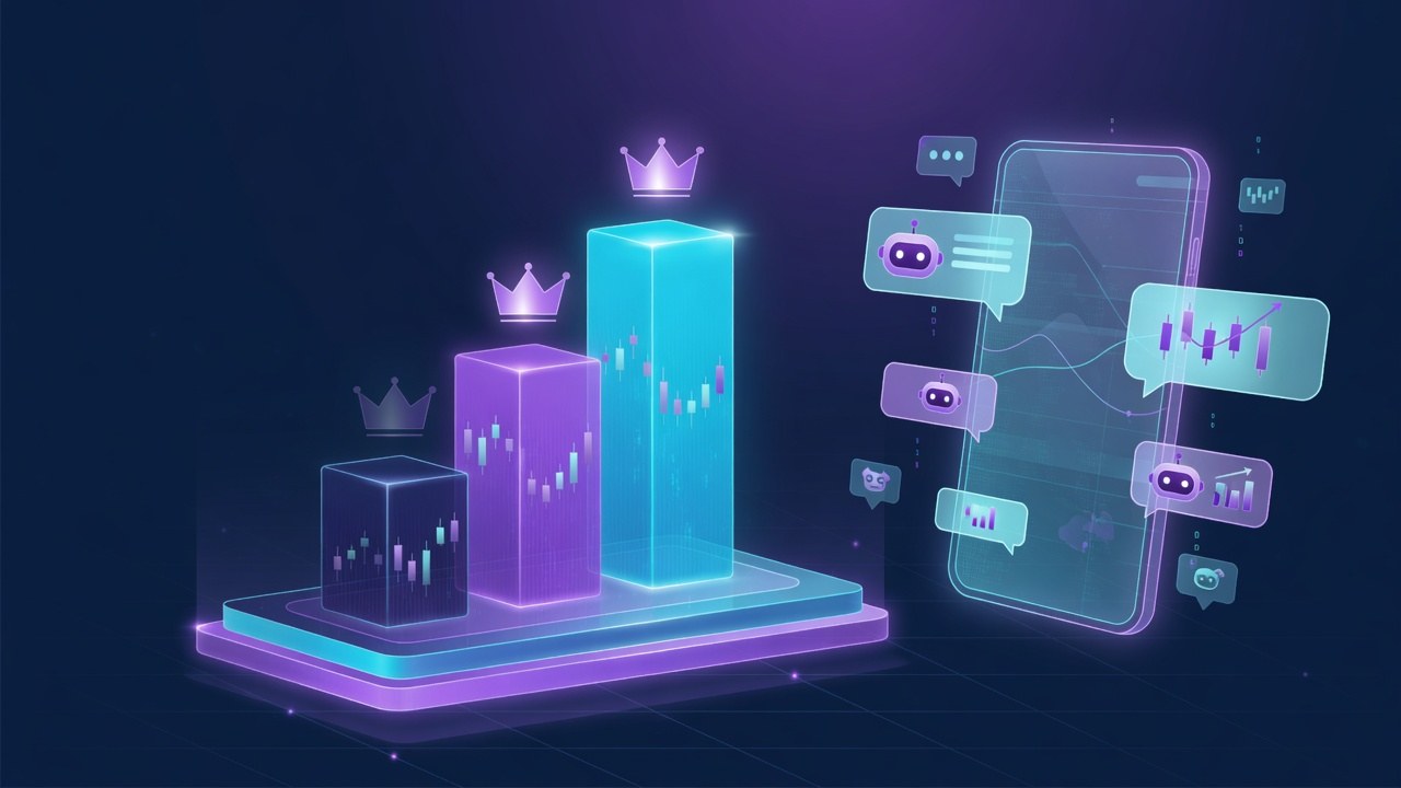Abstract ranking bars and chat bubbles illustrating Telegram trading bot shortlists