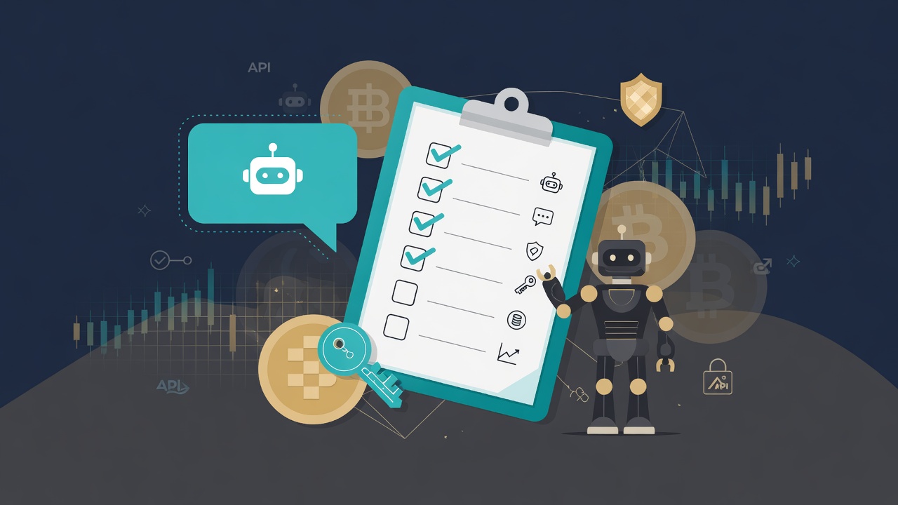 Clipboard checklist and Telegram-style bot icons for crypto bot due diligence