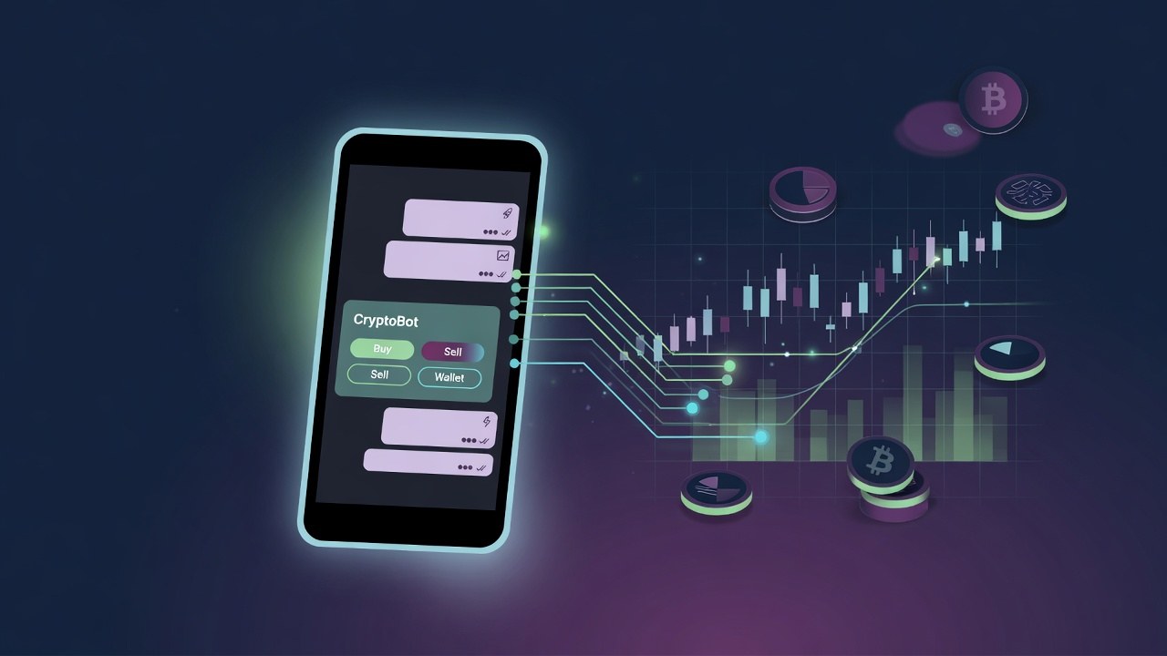 Phone chat interface linked to a crypto chart for a Telegram crypto bot