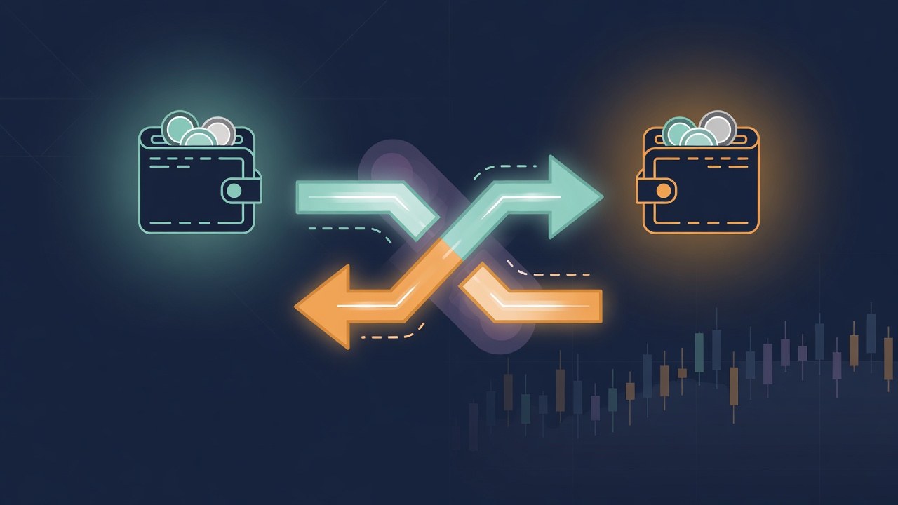 Abstract mirrored wallets and trade arrows representing a crypto copy trading bot