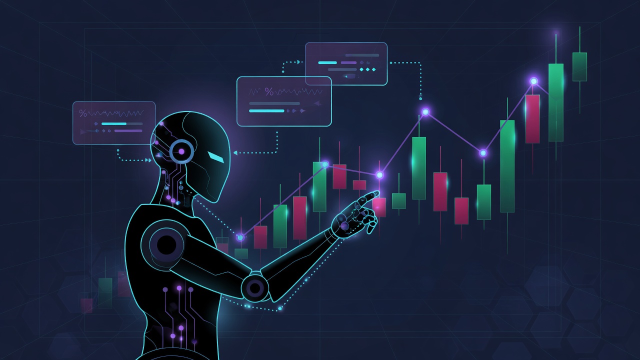 Abstract robot linked to a crypto chart and chat interface
