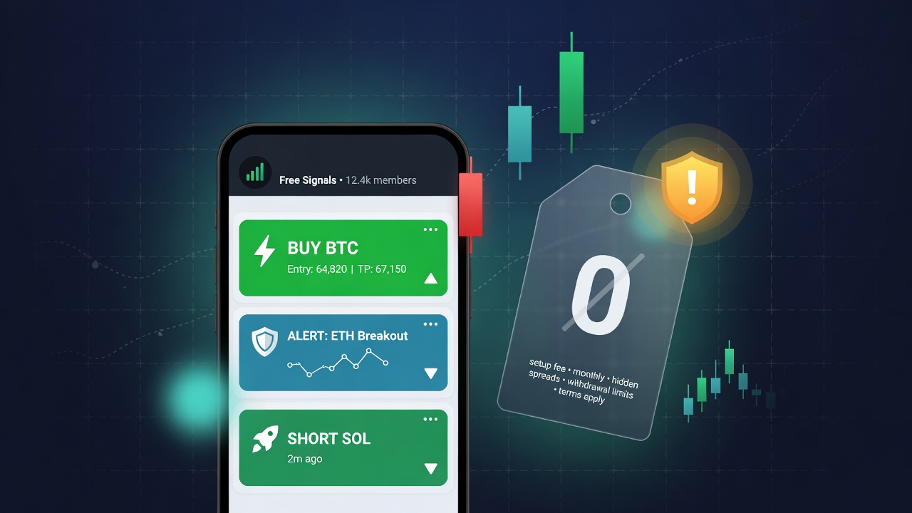 Phone with free Telegram-style crypto signal cards next to a zero price tag and caution shield
