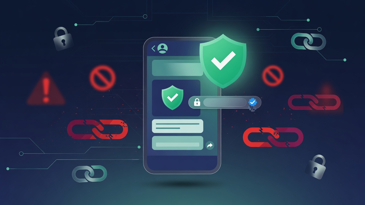 Phone showing a verified official Telegram bot link with shield checkmark while fake lookalike links fade away