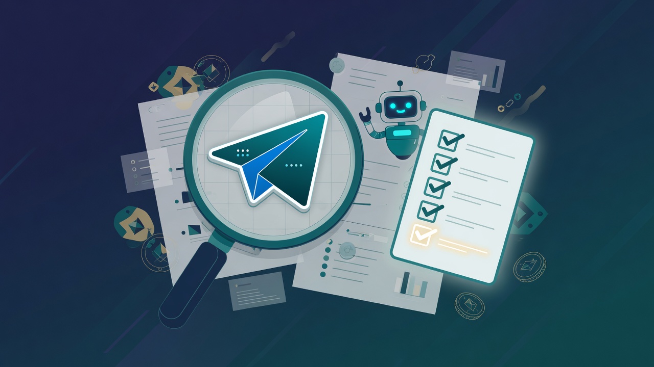 Magnifying glass over a Telegram-style bot icon and research checklist before funding