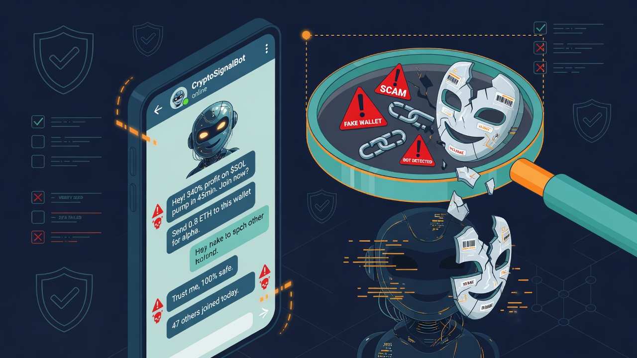 Phone showing a Telegram trading bot chat with a magnifying glass revealing a fake bot mask and warning signs