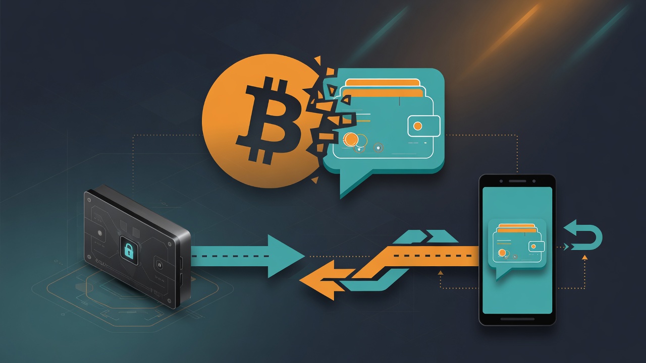 Bitcoin symbol transferring into a Telegram-style chat wallet panel on a dark fintech background