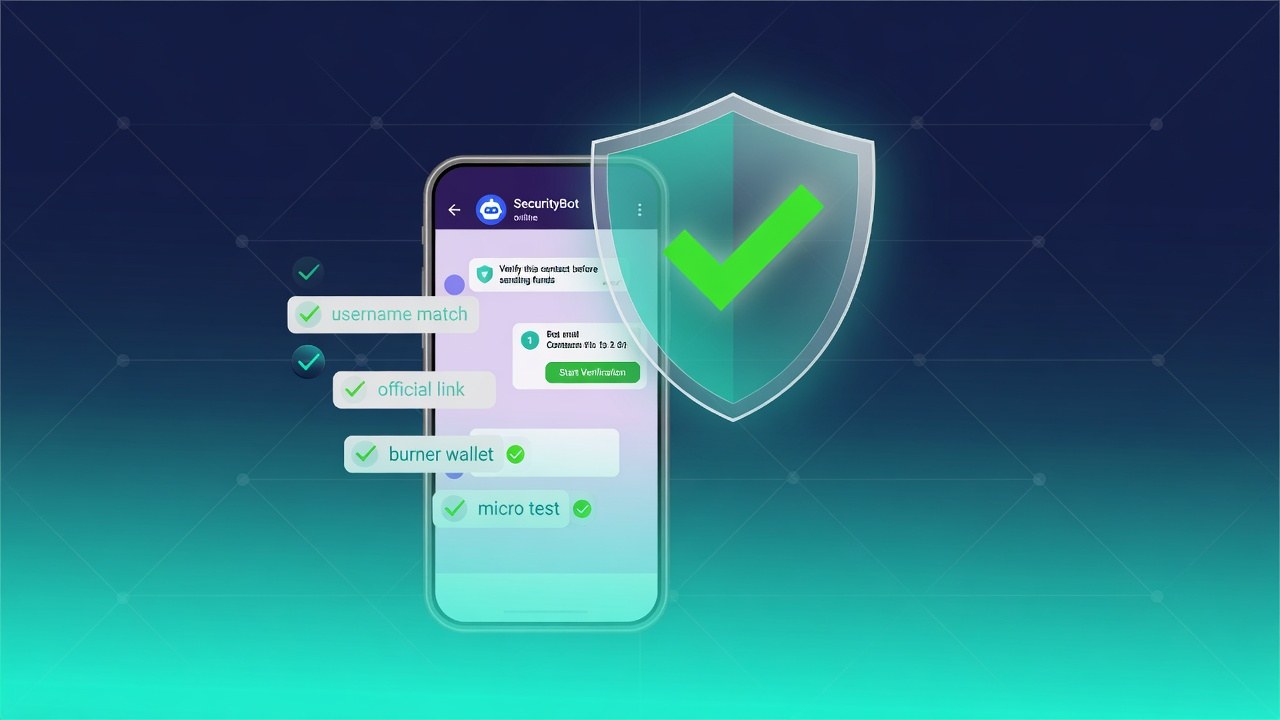 Phone showing a Telegram-style crypto bot chat with a verification shield and checklist ticks