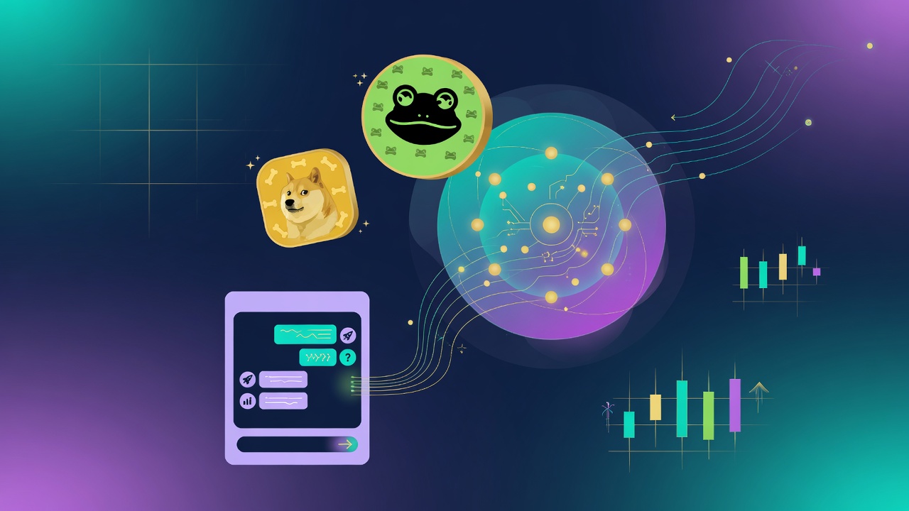 Abstract AI orb with meme coin shapes beside a chat trading interface
