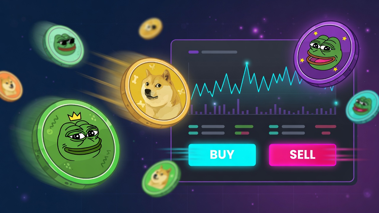 Abstract meme coin tokens beside a chat-style trading interface for retail meme bots