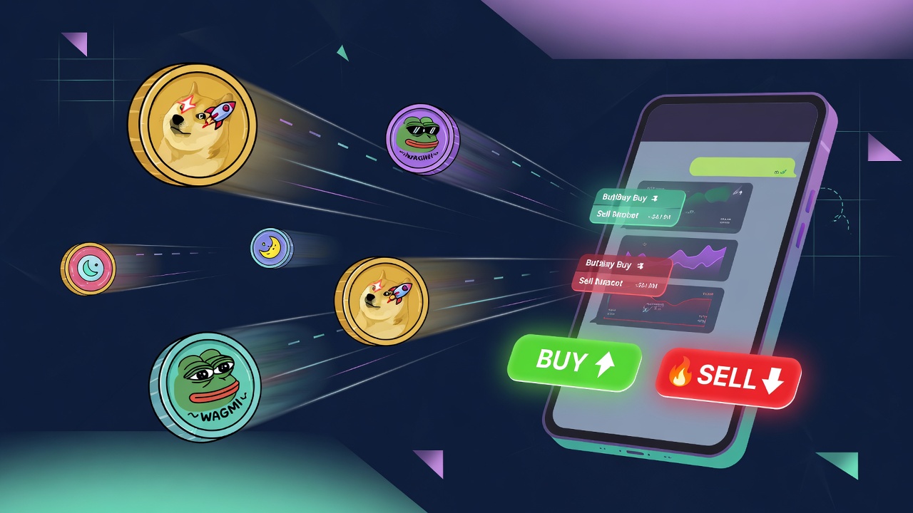 Abstract meme coin tokens next to a chat-style trading interface for Telegram meme bots