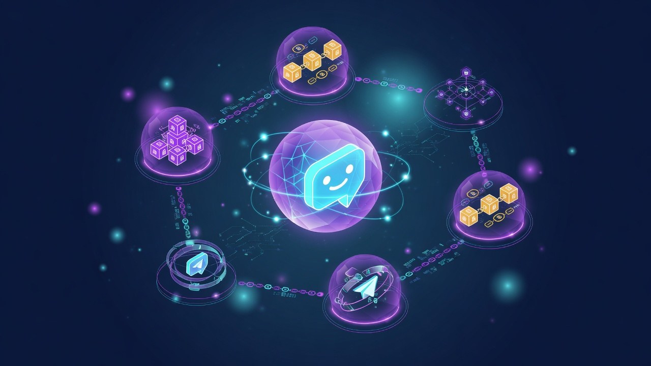 Interlinked chain nodes around a Telegram bot icon motif
