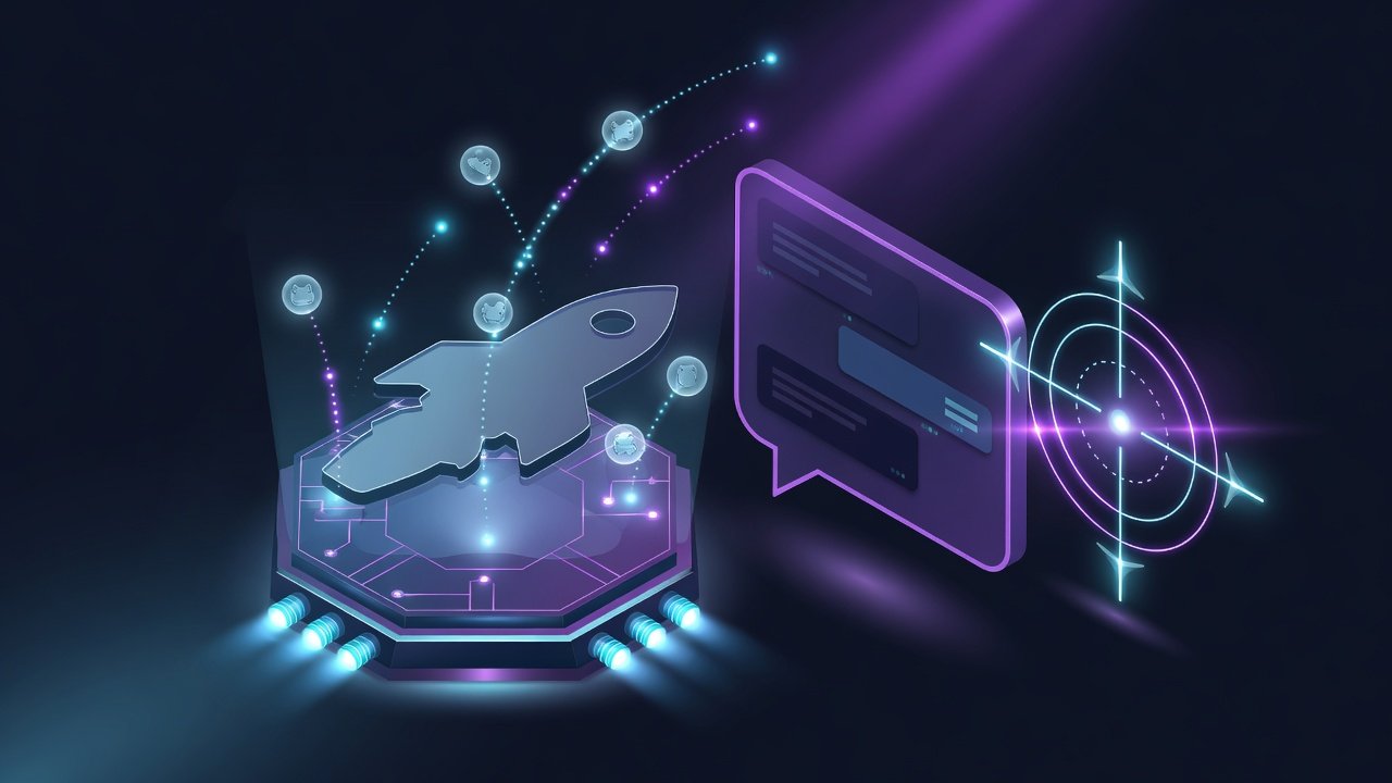 Abstract neon launchpad and Telegram chat bubble for Pump.fun sniper bots