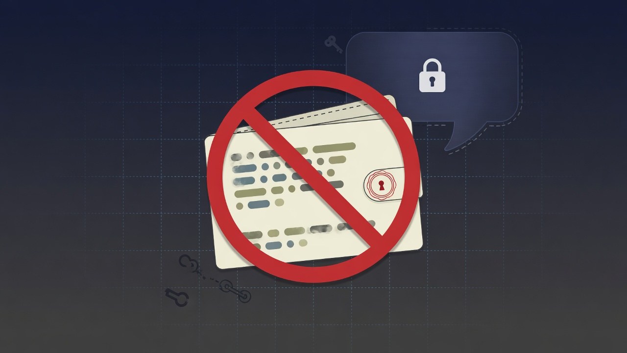 Sealed crypto recovery card with a red prohibition mark over a dark security-themed background