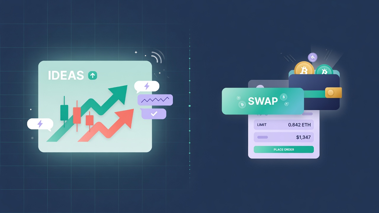 Split illustration comparing Telegram signal ideas on the left with execution order controls on the right