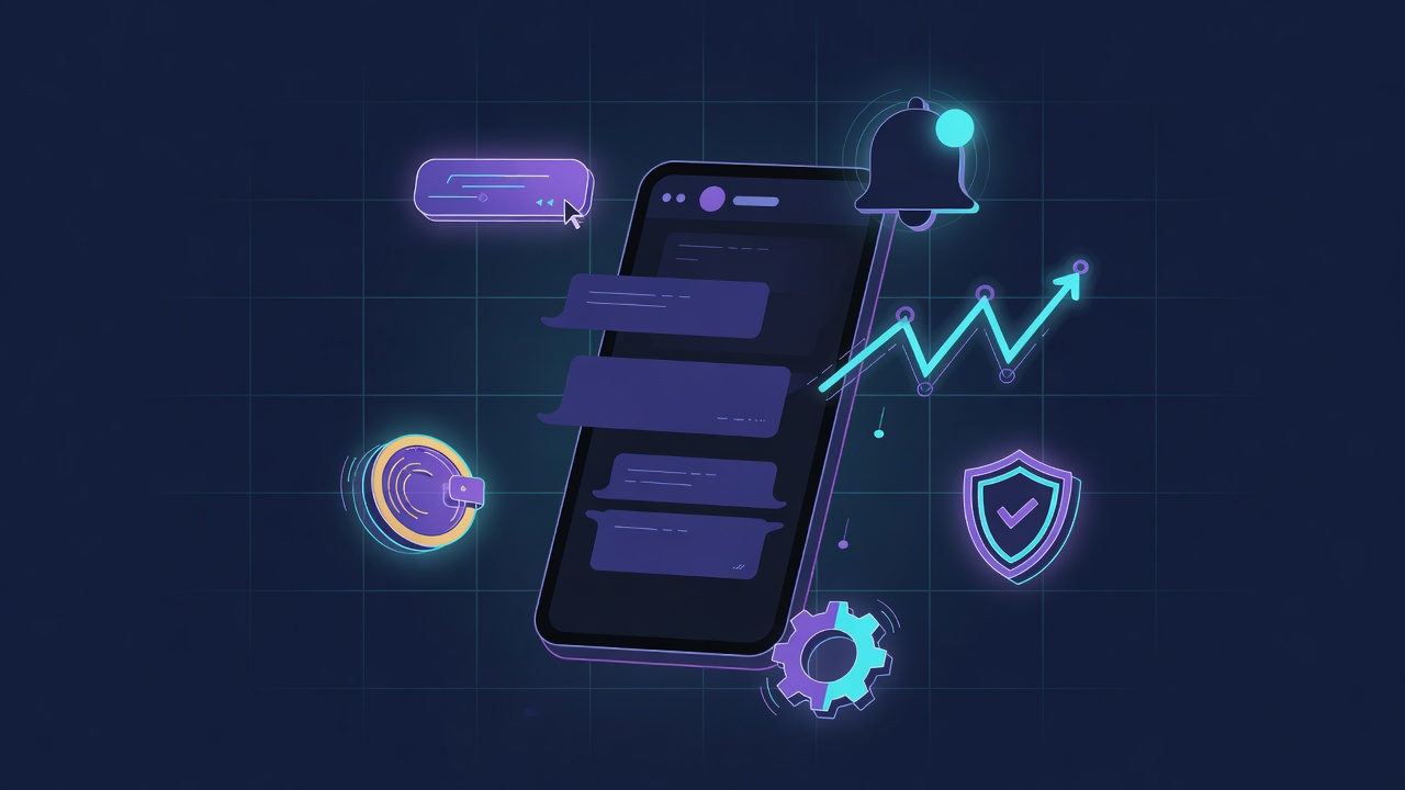 Phone chat interface with icons for alerts, trading, wallet, and settings
