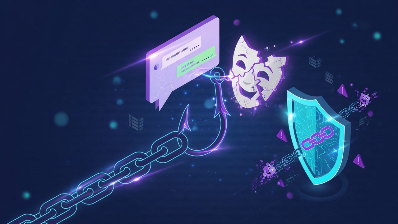 Hooked phishing link over chat bubbles motif