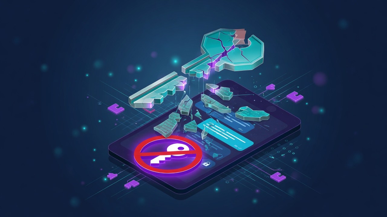 Broken key icon over dark chat background motif