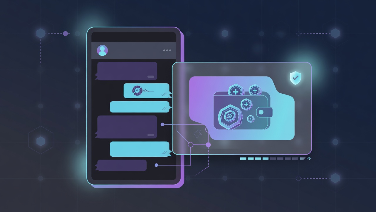 Stylized Telegram-style chat panel beside a crypto wallet card with security shield accents on a dark fintech background