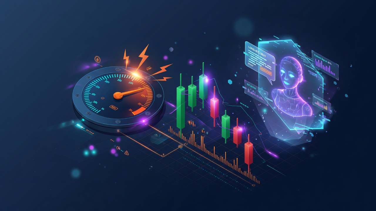 Leverage gauge and futures candles with chat UI motif