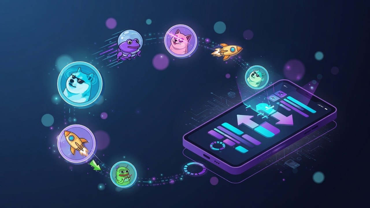 Playful abstract meme coin shapes with Telegram trading UI motif