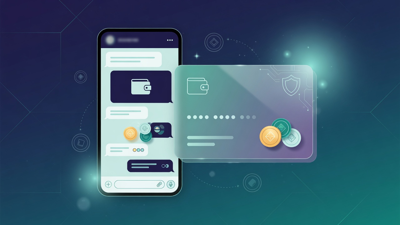 Stylized phone chat interface next to a crypto wallet card on a dark fintech background