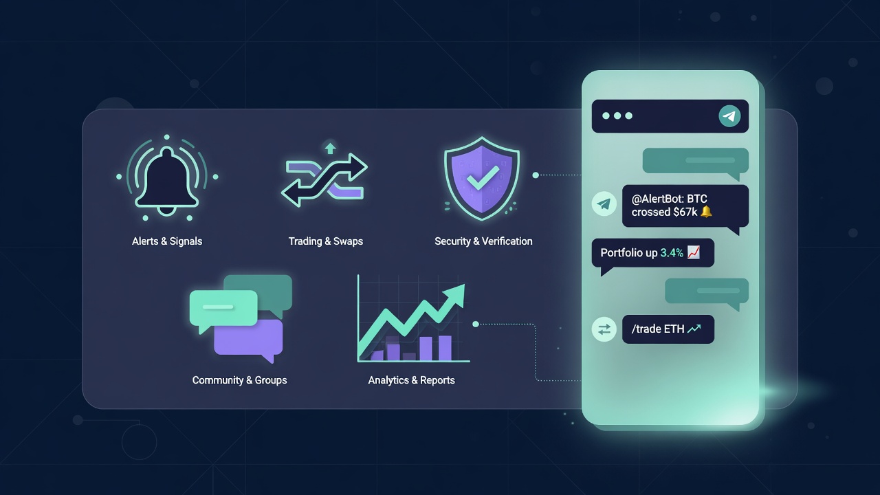 Phone chat interface with icons for alerts, trading, support, and community Telegram bot jobs