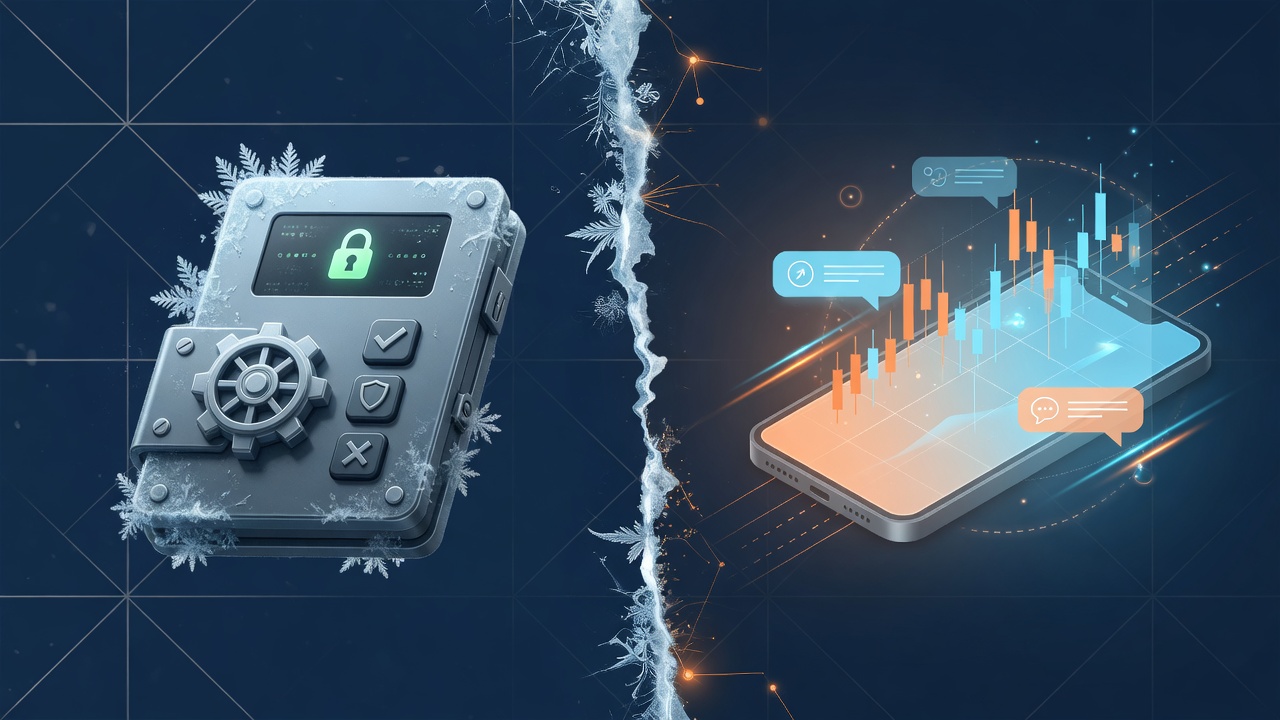 Hardware-style cold crypto wallet vault icon next to a glowing hot trading wallet on a dark fintech background