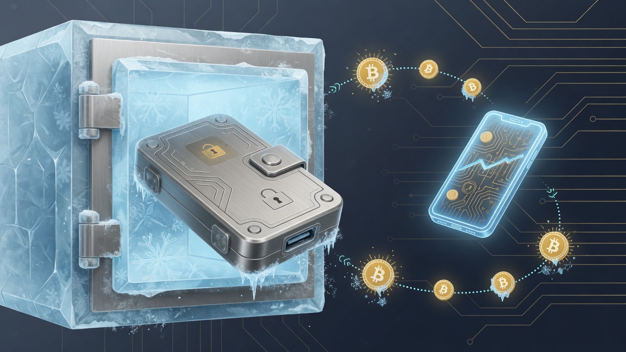 Cold crypto hardware wallet in a frost vault next to a small glowing hot trading wallet