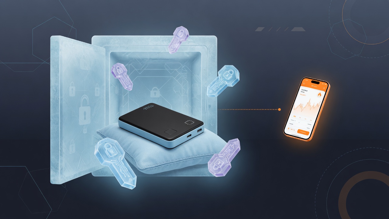 Hardware-style crypto cold wallet vault next to a small glowing hot trading wallet on a dark fintech background
