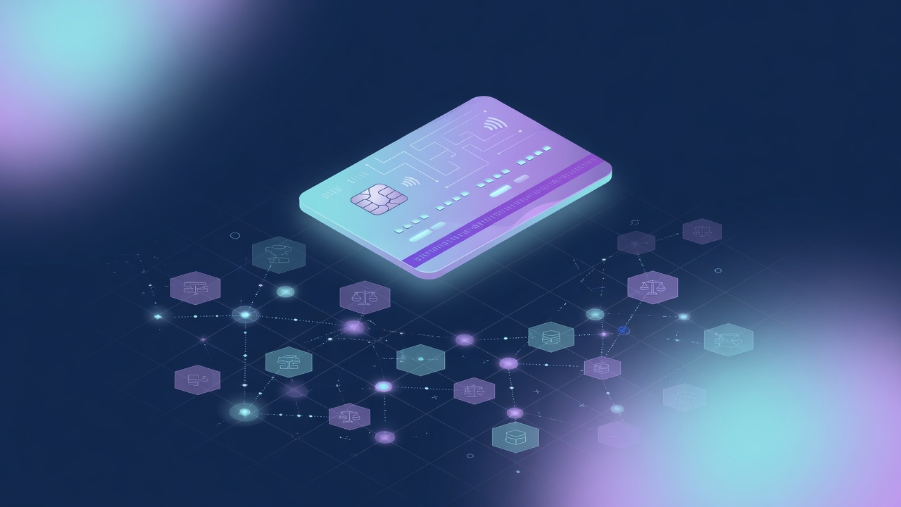 Stylized self-custody crypto wallet card above a decentralized network of nodes on a dark fintech background