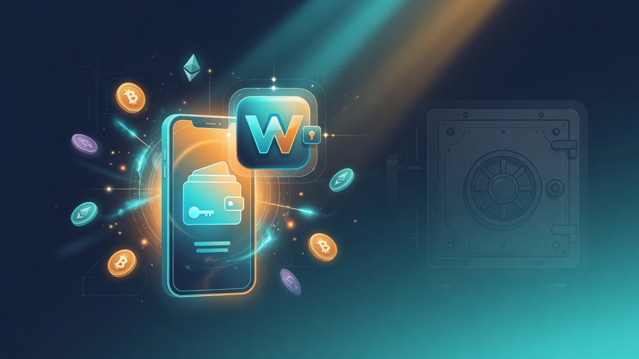 Glowing hot crypto wallet on a phone next to a dim cold vault, fintech cover illustration