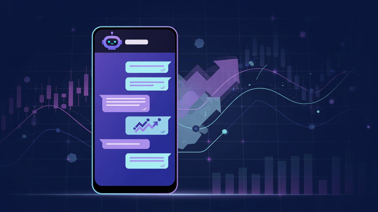 Phone chat with a Telegram-style bot assistant on a dark fintech background