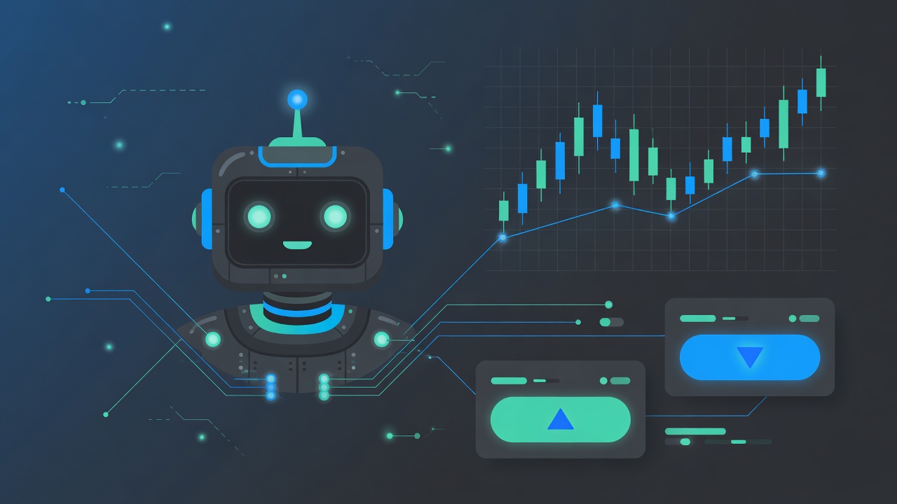 Abstract robot linked to a price chart and trade controls on a dark fintech background